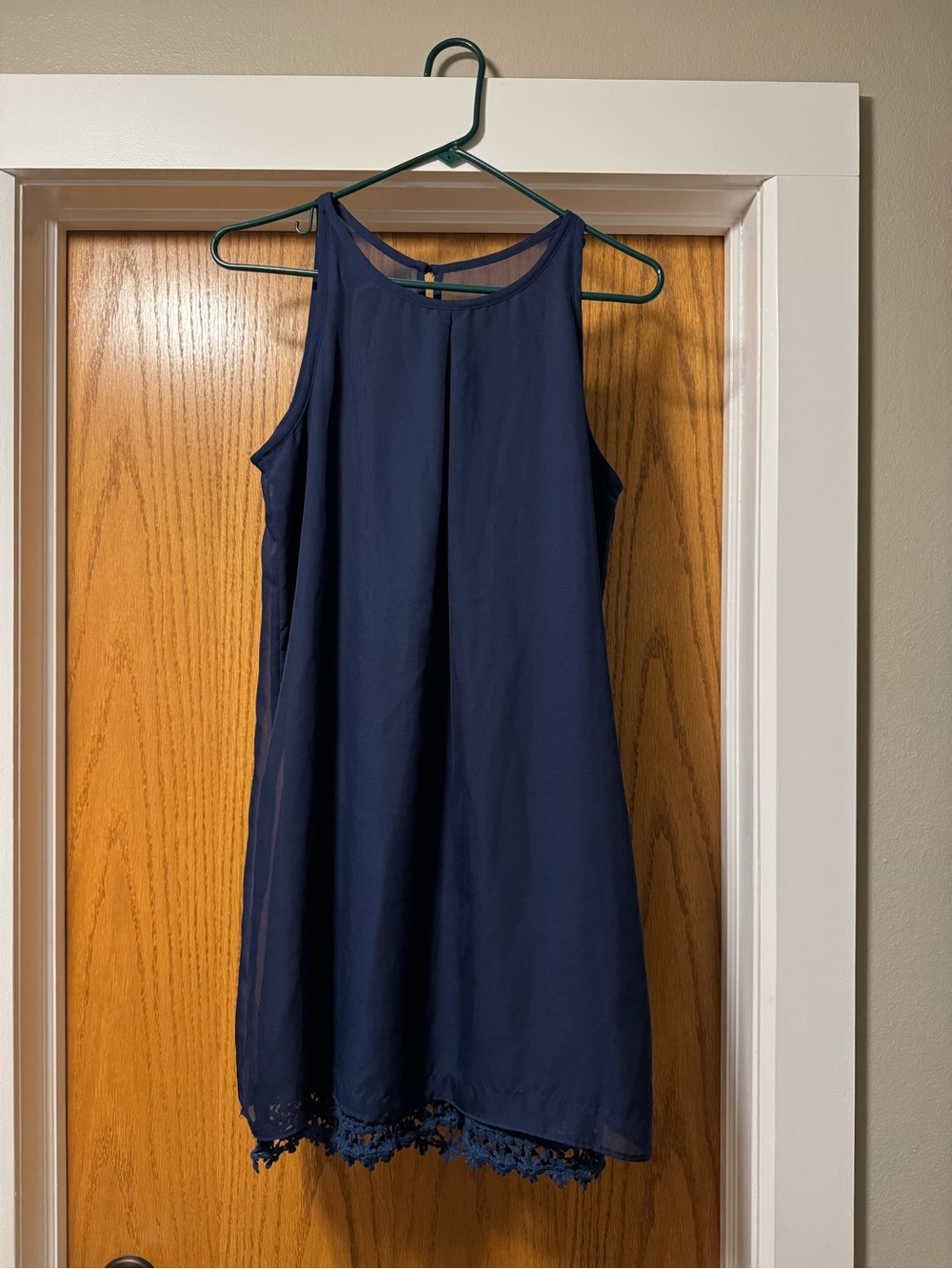 A. Byer Navy Sleeveless Shift Dress with Crochet Hem